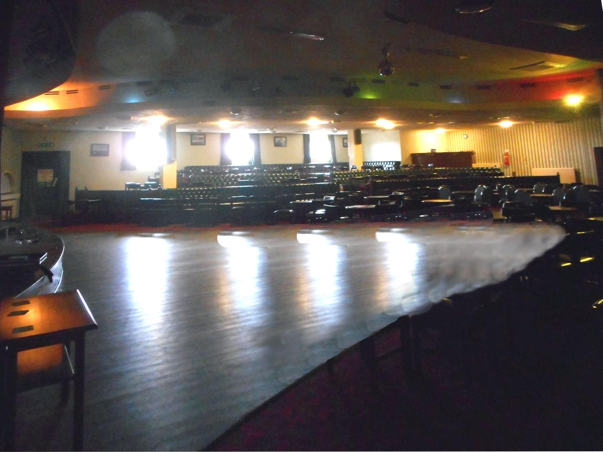 The empty sprung wooden dance floor at Crigglestone WMC before a party